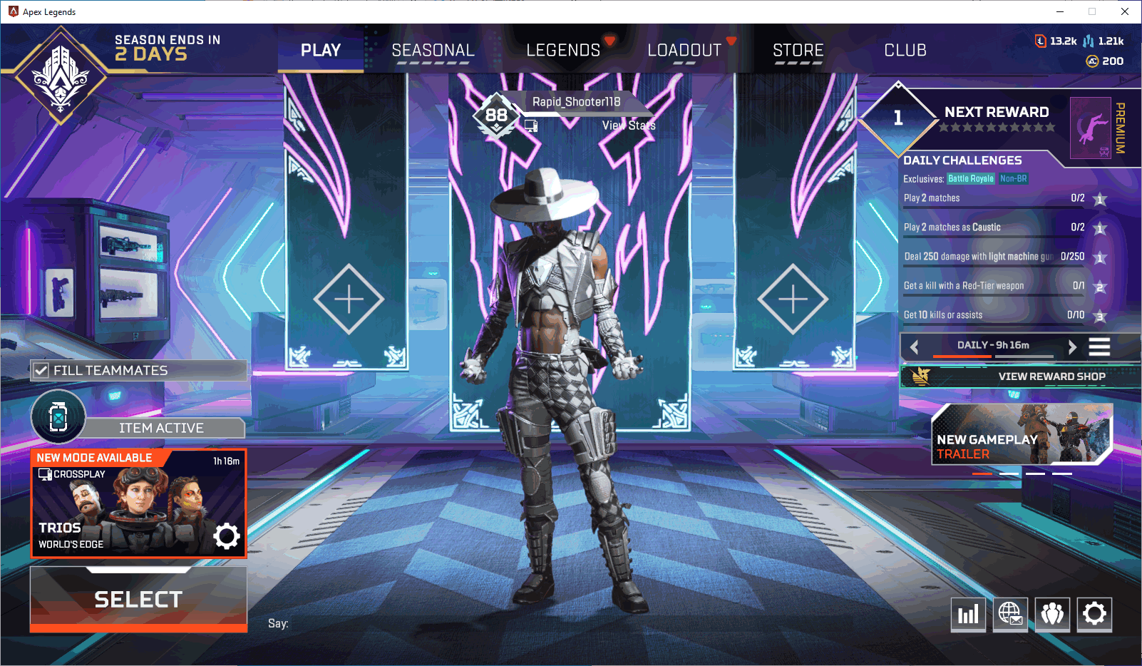 Level account 88 + legendary items 8 + Lifetime Kills 264 + Apex