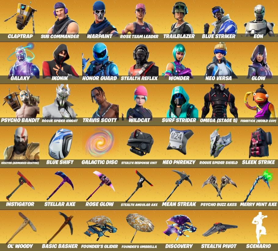 305 skins Fortinte PVP-Galaxy, Wildcat, Travis Scott, Ikonik,Eon and ...