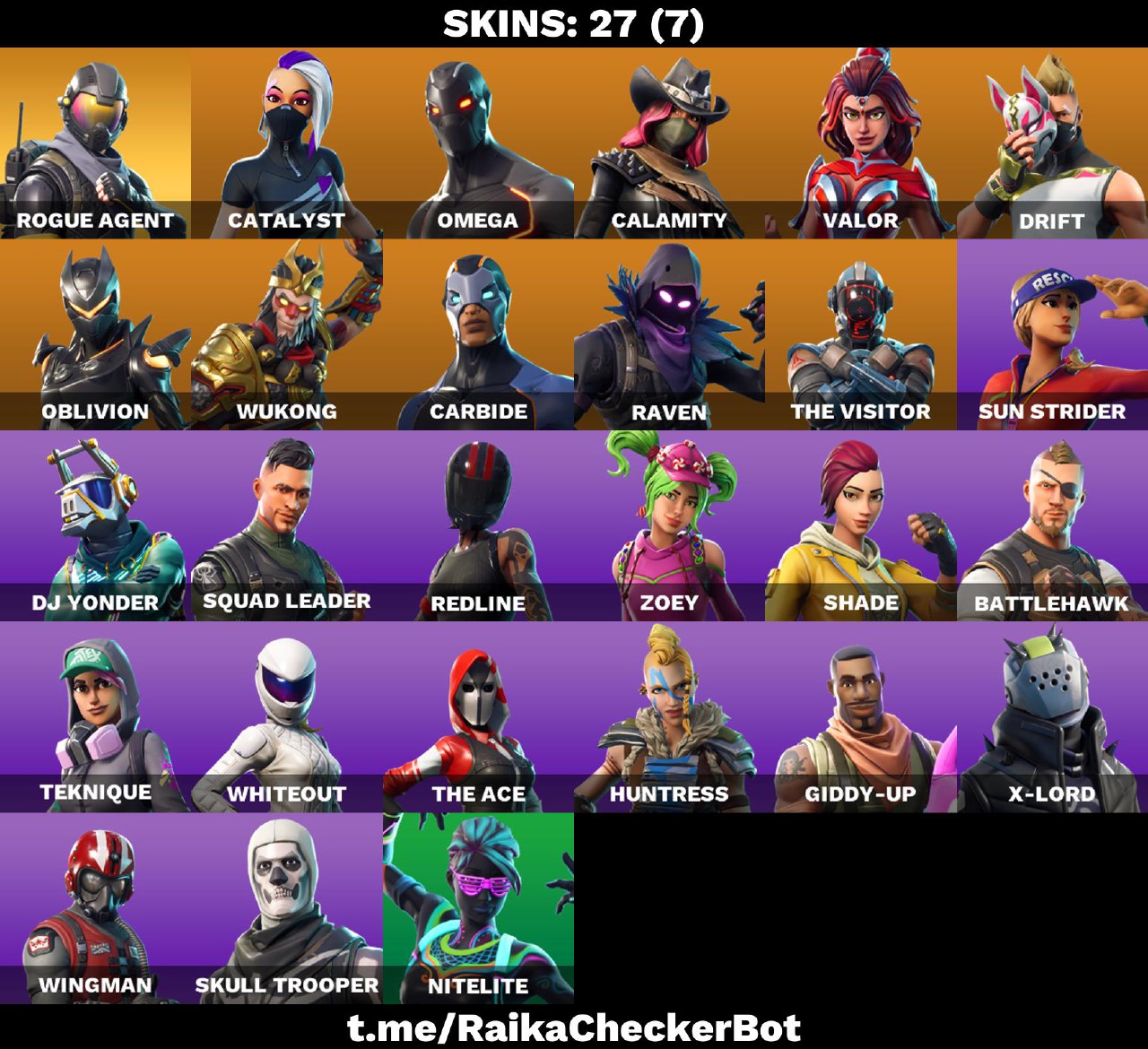 FA | 27 OUTFITS | ROGUE AGENT | ORANGE JUSTICE | CATALYST | OMEGA | CALAMITY | VALOR | DRIFT | OBLIVION | WUKONG | CARBIDE | RAVEN 