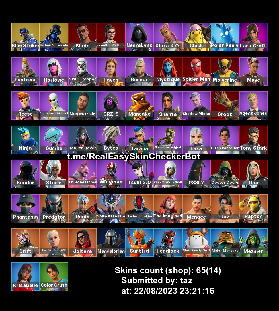 65 skins . Joltara . Skull Trooper . Lara Croft . Shadow Midas . Ninja ...