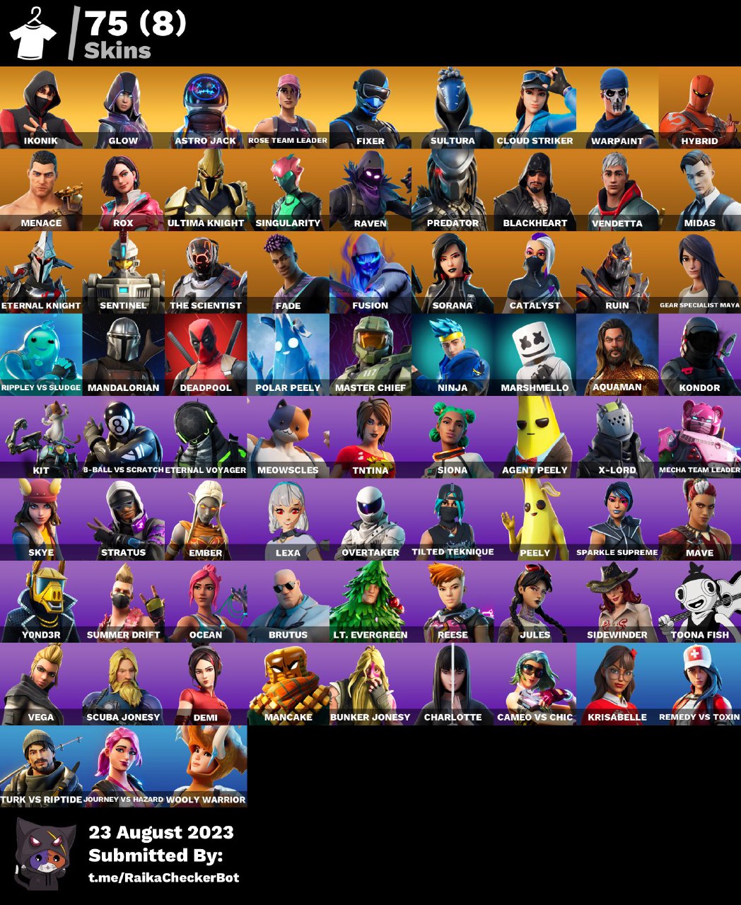 75 SKINS, IKONIK, GLOW, ASTRO JACK, MARSHMELLO, OLD PVE, NINJA AND ...