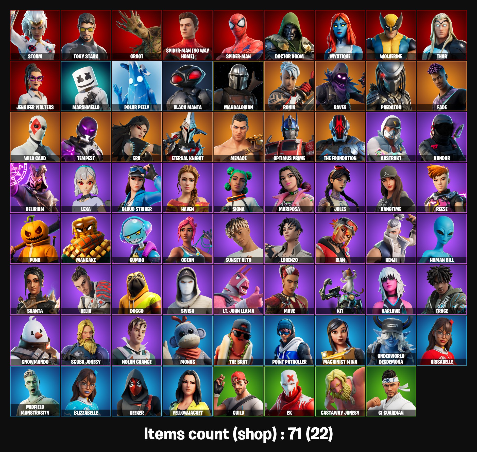 71 SKINS FULL ACCESS STW OG Raven Tempest Wild Card Marshmello Swish ...