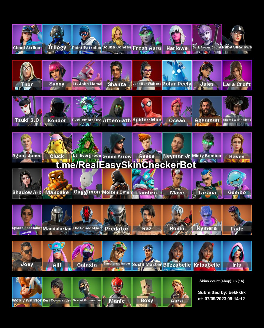 FORTNITE . Full access. 62 skins . Harley Hitter . Iris . Boxy . Fresh  Aura. Minty bomber . Skellment Oro . Molten Omen . Llambro . BB95 - iGV