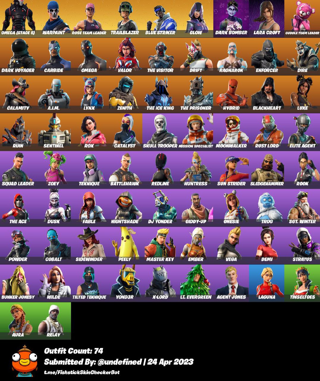 74 OUTFITS -GLOW,OMEGA,SKULL TROOPER ,ELITE AGENT DRIFT - iGV