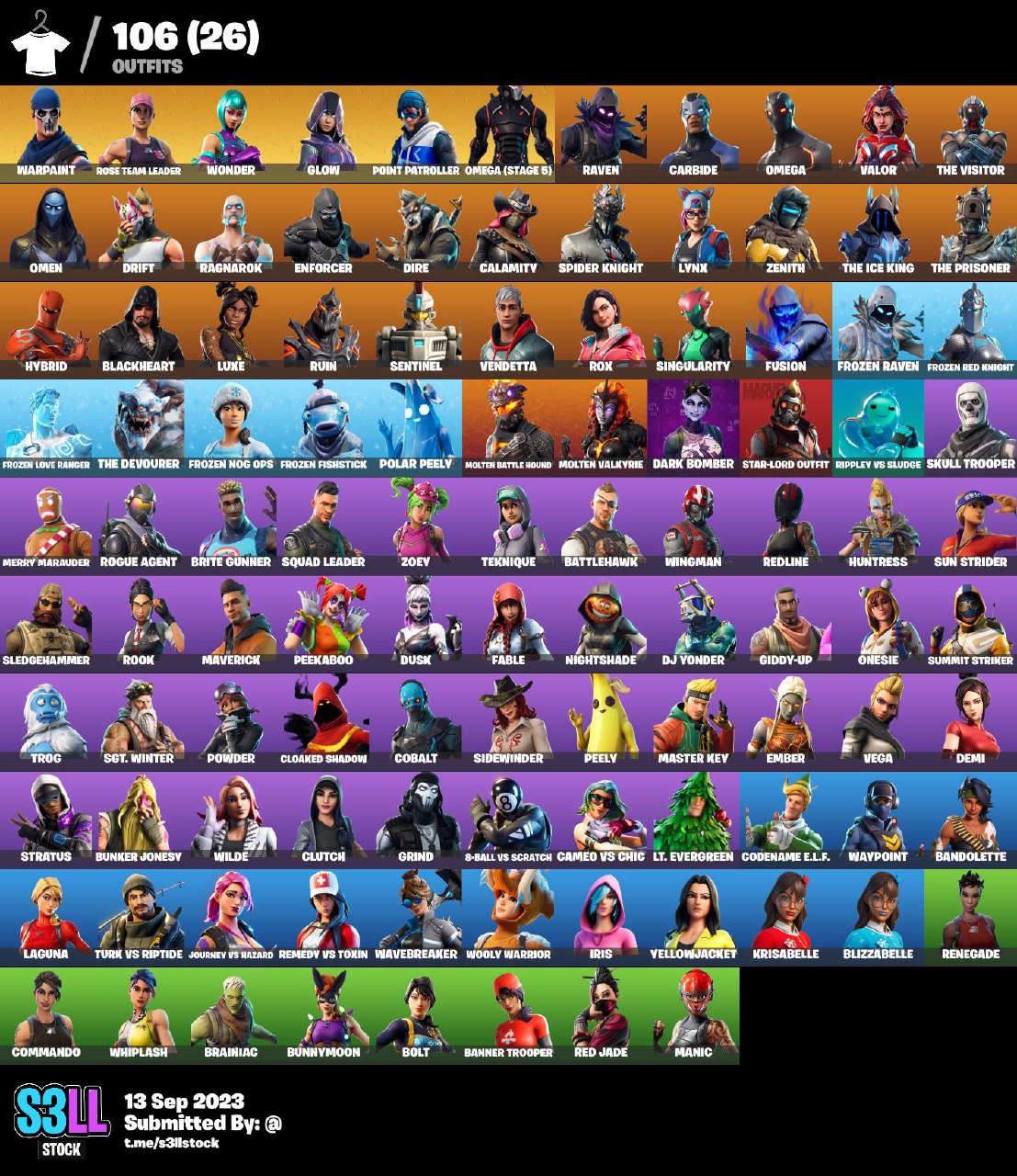 [PC/PSN] 106 Skins + Wonder + Glow + Axe Reaper + Omega + Verve + OG