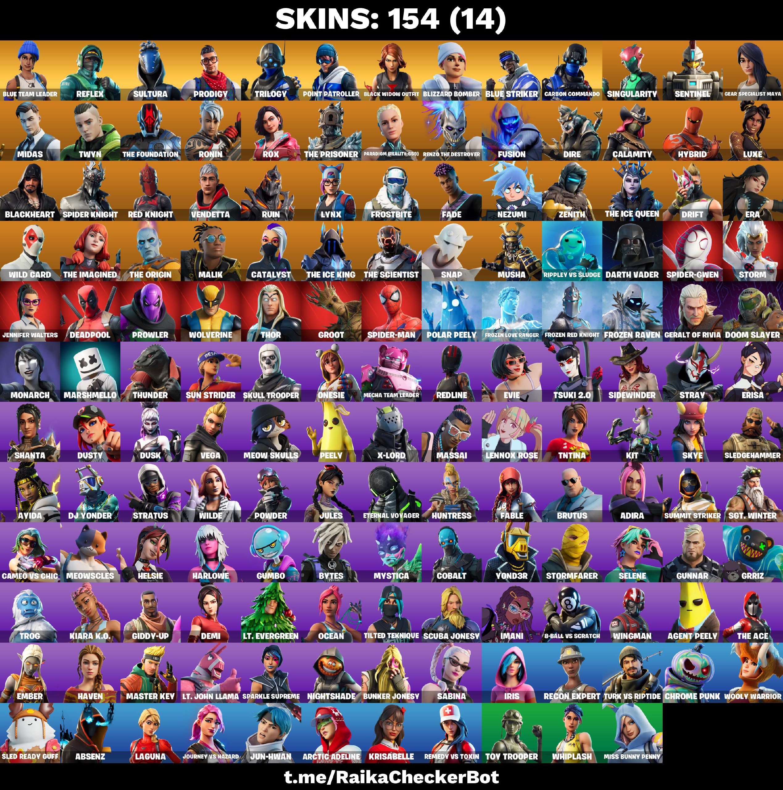 154 Skins | Blue Team Leader | Reflex | Sultura | Prodigy | Trilogy | Point Patroller | Black Widow Outfit | Blizzard Bomber | #6358