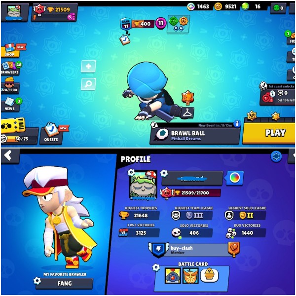 Clashystore lv147 56 brawlers 21 skins 9521 gold 21648 cups
