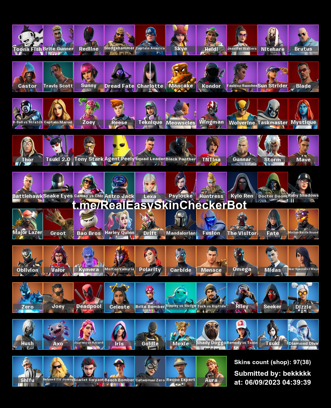 FORTNITE . Full access 97 skins . Travis Scott . Harley Quinn