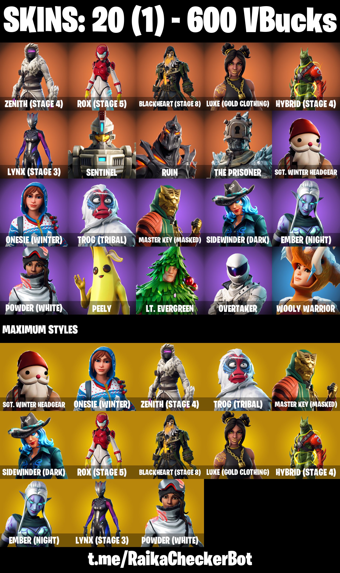 FA | 20 OUTFITS | TAKE THE ELF | SNOWFLAKE | HOMEBASE BANNER | ZENITH (STAGE 4) | ROX (STAGE 5) | BLACKHEART (STAGE 8)