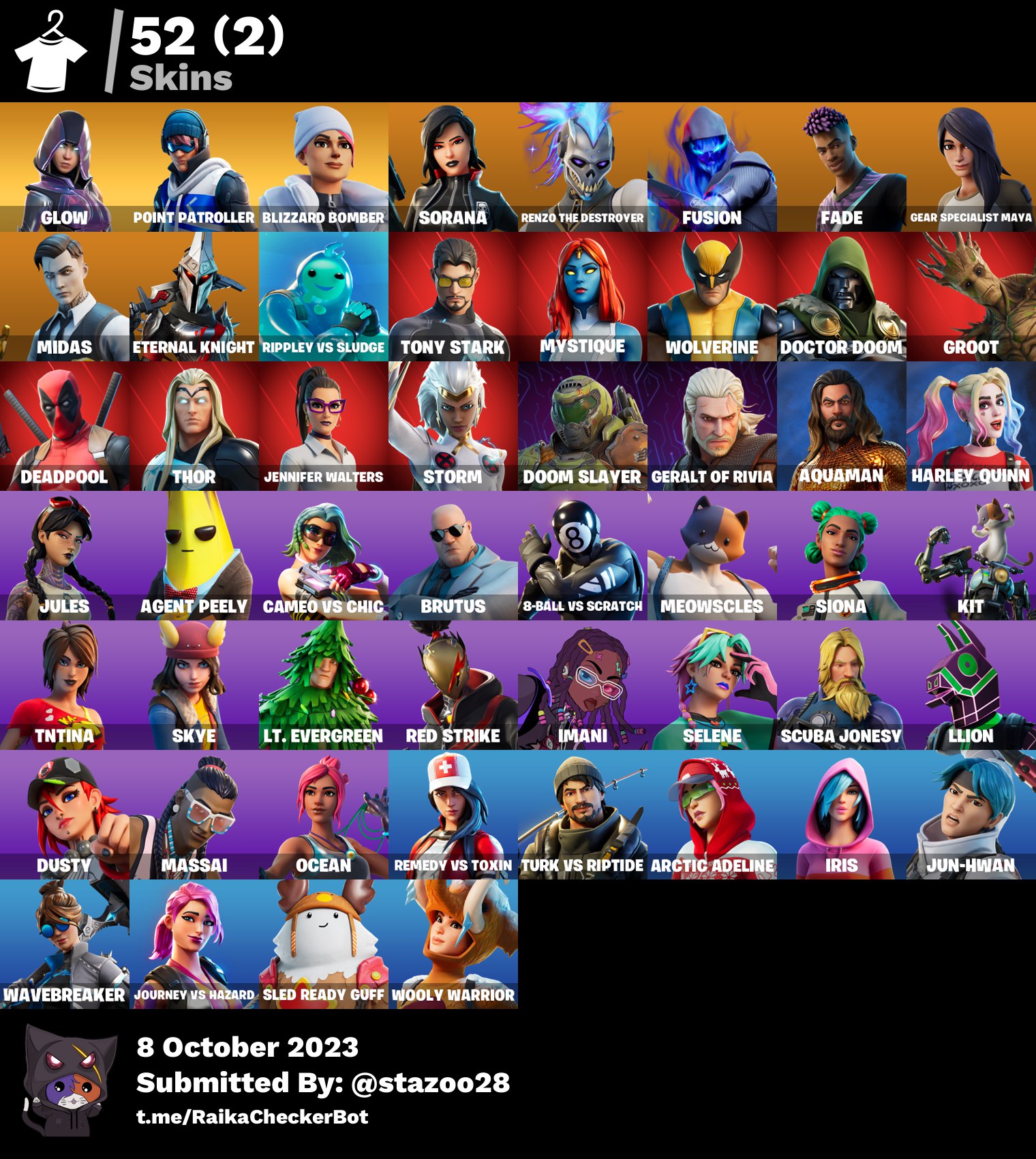 GLOW 52 SKINS 1000 VBUCKS, MIDAS, PLS PLUS, DOOM SLAYER, HARLEY QUINN ...