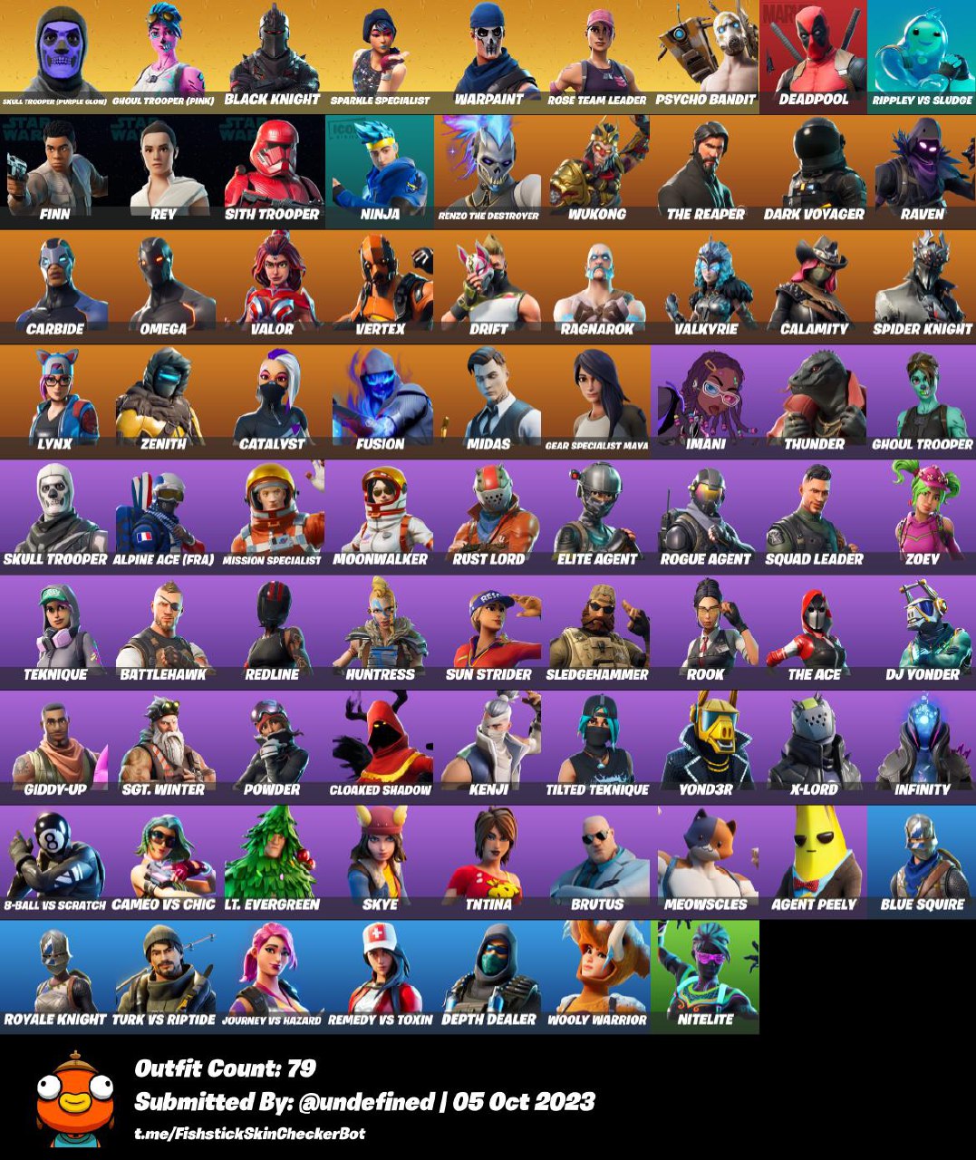 79 Skins + OG STW,Floss,Mako,Black Knight,OG Skull Trooper,OG Ghoul ...