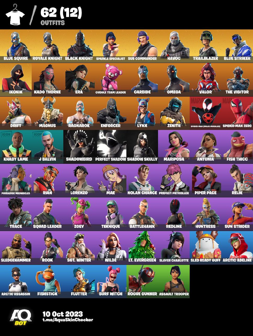 62 Skins/Full mail access/Black Knight/Ikonik/Carbide Stage 5/Blue Squire/Floss/Battle Bus Banner/Sub Commander/Havoc
