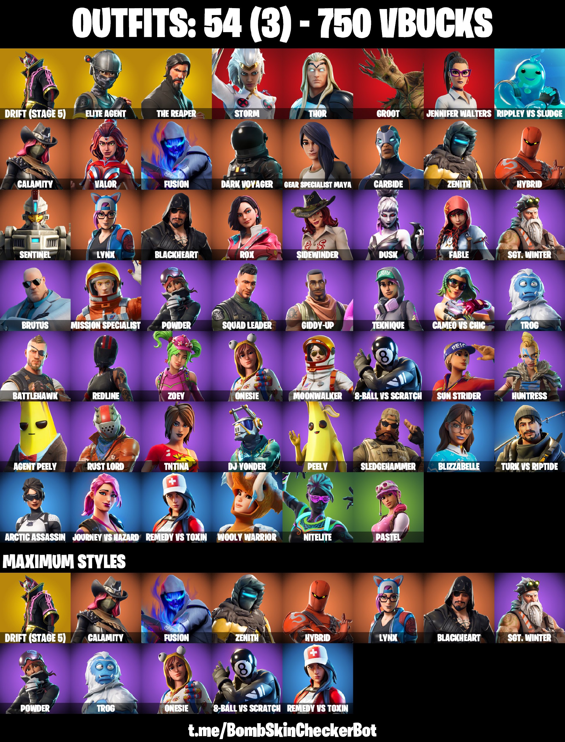 54 Skins (MAX : 13) | The Reaper , Take The L , Elite Agent , Rust ...