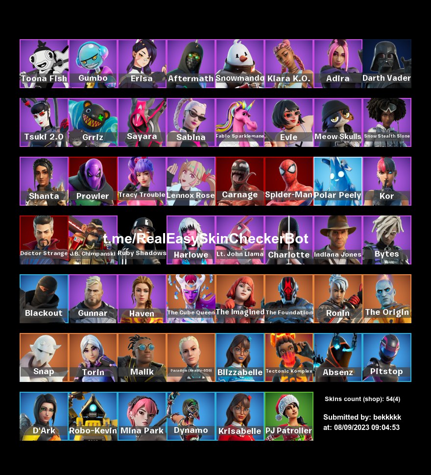 Full access. Fortnite  54 skins . Paradigm . Carnage . Tectonic komplex . Absenz . Aftermath . Dynamo . Tracy trouble . Pitstop . BB144    