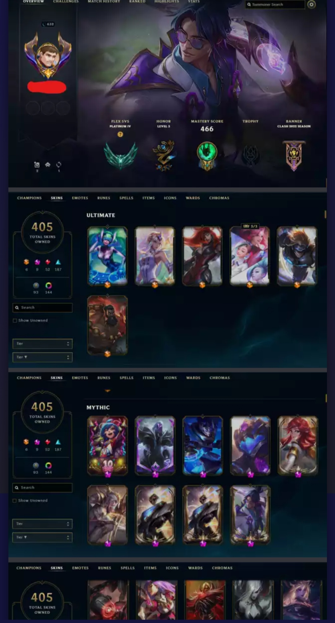 ♒ EUNE S13 [P]Silver 2 All Ultimate Skins 9 Mythic Skins 440 Mythic Essence 405 Skins 100 Skins