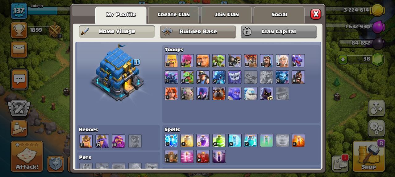 (Android/iOS) KT 12 - lvl 38 - Cards106/110 - Max Card 1 _lvl 12 card 6 /Emote 33 / skin tower 3 + clash of Clans th 12