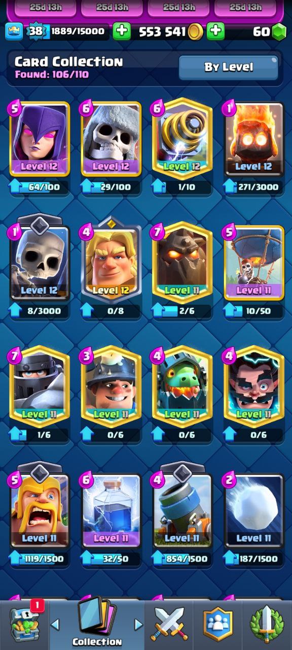 (Android/iOS) KT 12 - lvl 38 - Cards106/110 - Max Card 1 _lvl 12 card 6 /Emote 33 / skin tower 3 + clash of Clans th 12