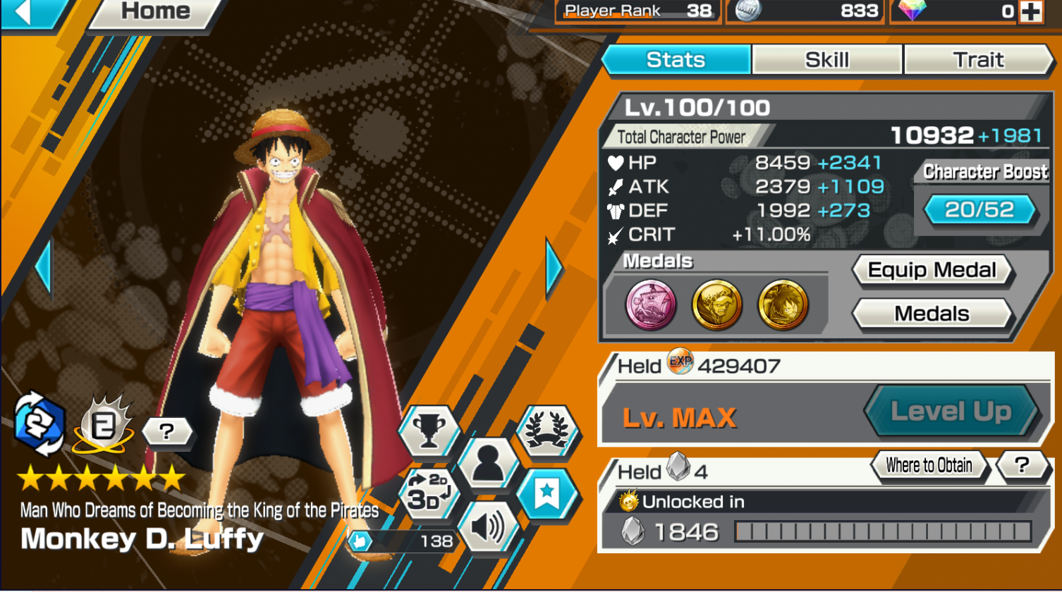 Rank 38-3/2 Ex Max(Luffy+Shank Film Red)+Oden-Luffy Red Boot 52/52-Many Bf  Max(Kid+Law oni+Gear 4+Kuzan+Vista)-King V2+Queen-Medal good-SP=145% - iGV