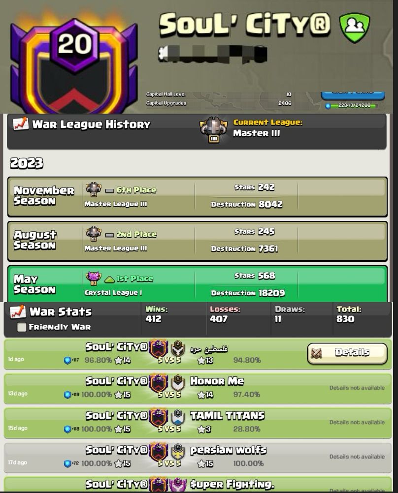 Level 20 || Name : Soul City || Premium English Name Clan || Clan Capital 10 || Awesome War Log || Master League || Fast Delivery 