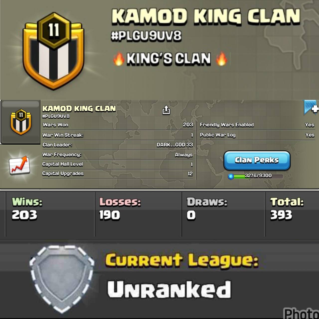 LEVEL- 11 | NAME - KAMOD KING CLAN |War Log Win- 203 : Loss- 190 | NAME CHAMGED IN PAST| Cwl League - UNRANKED  |AMAZING NAME & WAR LOG | 