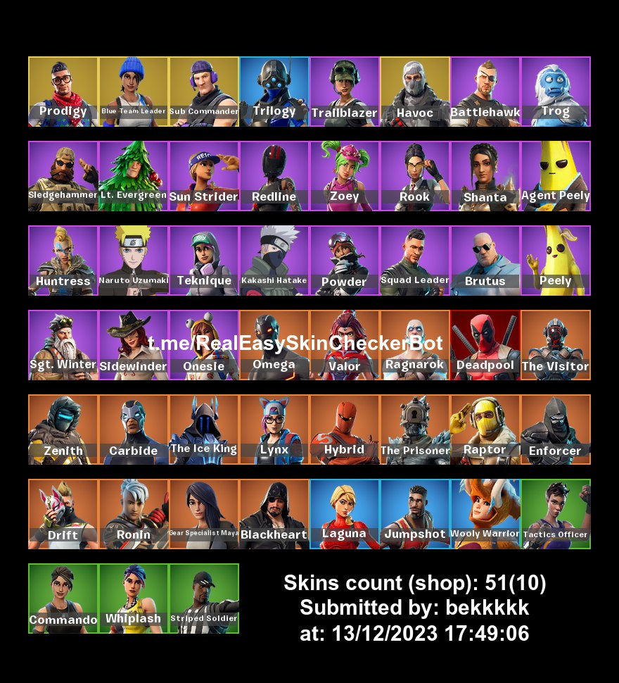 FORTNITE . Full access. 51 skins . 4OG skins . Havoc . Blue Team leader .  Naruto Uzumaki . Kakashi hatake . Raptor . Zu80 - iGV