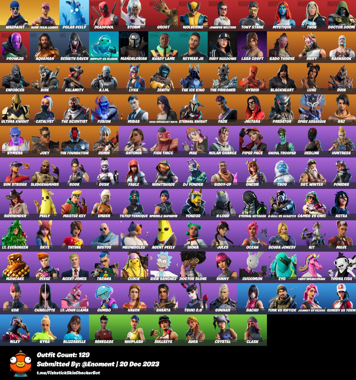 129 skin Fortnite. full access.STW . Ragnarok . Joltara . Tsuki 2.0 . Ghoul  Trooper . Rick Sanchez . CV52 - iGV