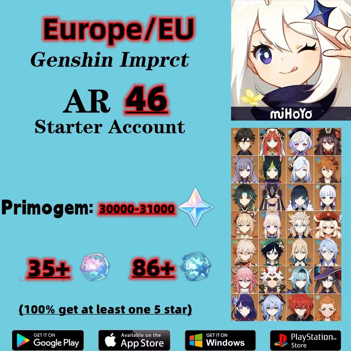 EU|AR46|Guarantee300+Wishes|Genshin Impact account|Primogem30000+|Interwined Fate 35|Acquaint Fate 86/#F59