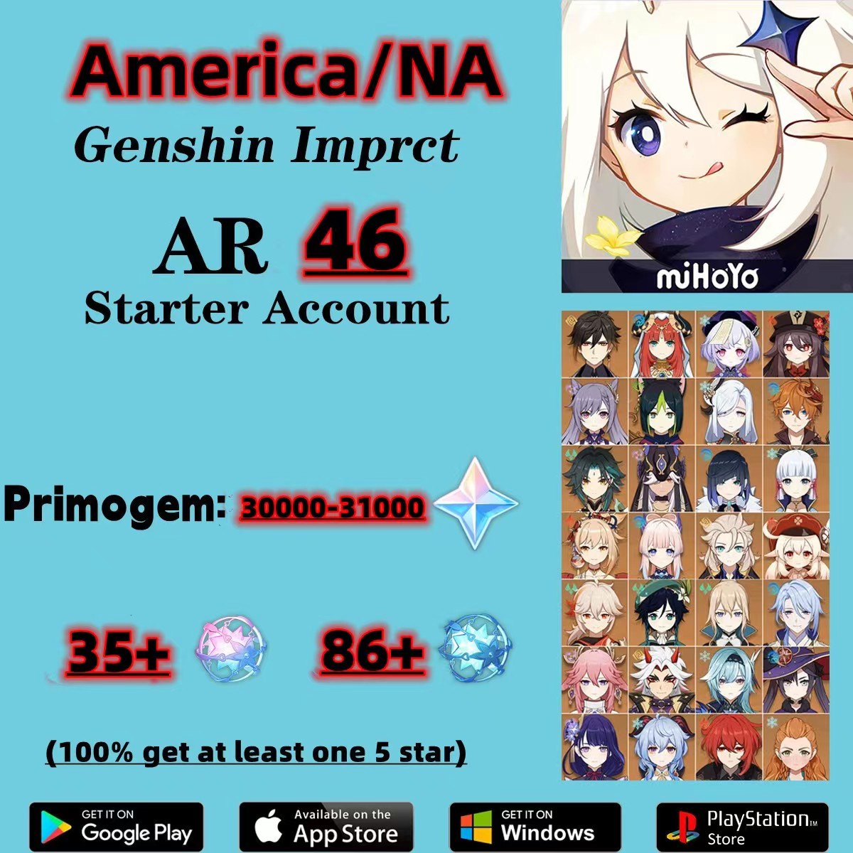 NA|AR46|Guarantee330+Wishes|Genshin Impact account|Primogem31000+|Interwined Fate 45|Acquaint Fate82-86/M015