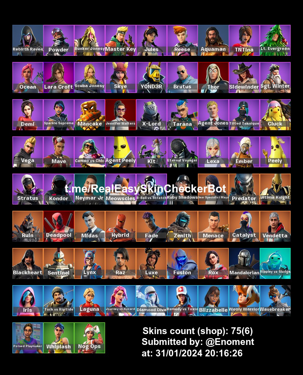 75 skins / Midas / Fusion / Deadpool / Zenith / Sparkle Supreme ...