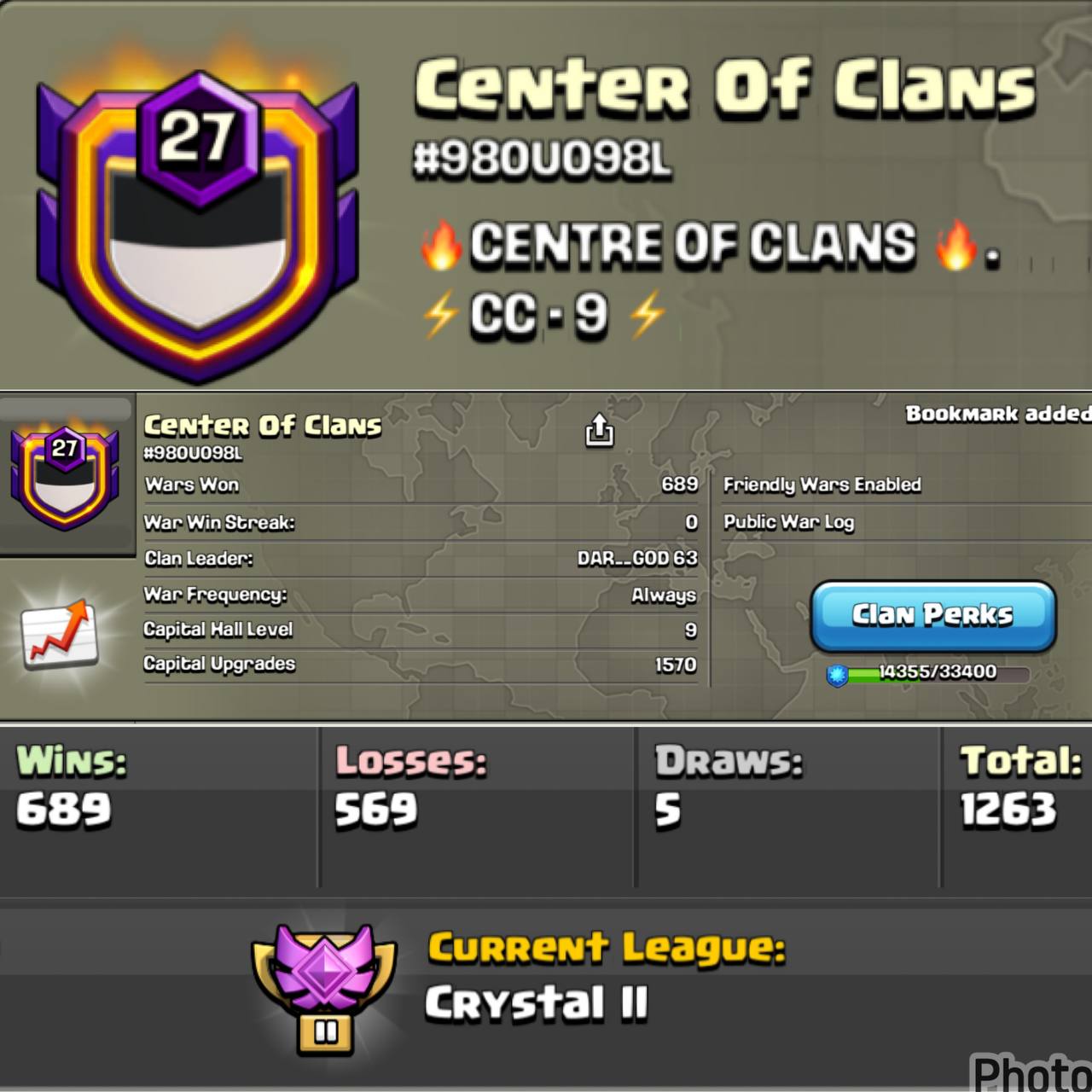 CC - 9 | LEVEL - 27  | NAME - CENTRE OF CLANS  | LEAGUE - CRYSTAL 2 |  ENGLISH NAME  | W\L - 689 : 569 | AMAZING NAME & LOG | INSTANT DELIVERY
