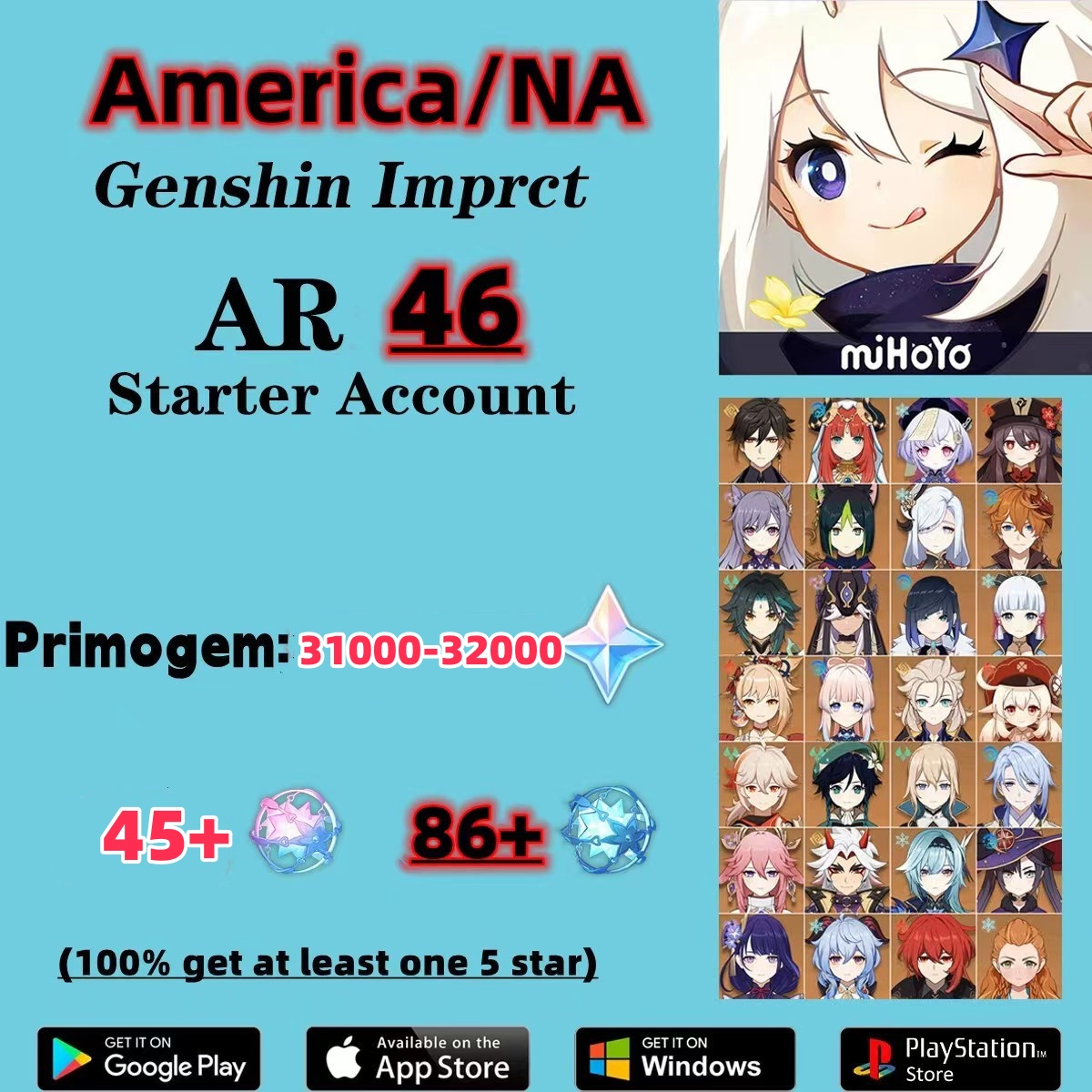 America|NA|AR46/330+Wishes/Genshin impact account / 33000+ Primogems/Interwined Fate 45+|Acquaint Fate82+/M011