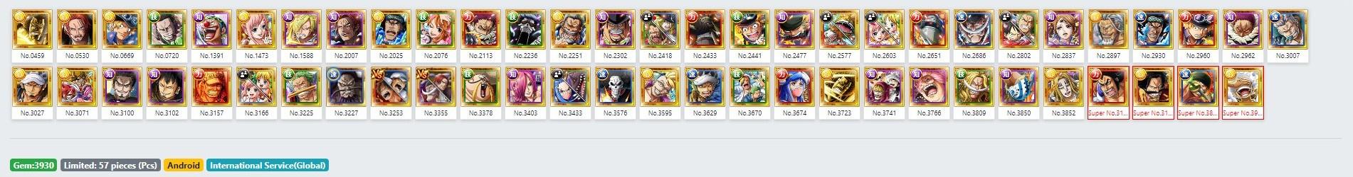 G5 Luffy-Zoro- Roger [Android] GLOBAL Best Starter lv3 Story Untouched Top Tier Characters 3900+ Gems Check Description