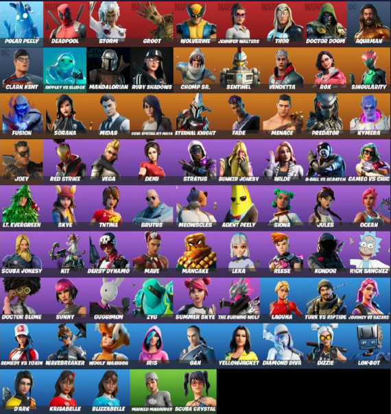 fa 77 skins v bucks 120 pickaxe 84 glider 79 backpack 104