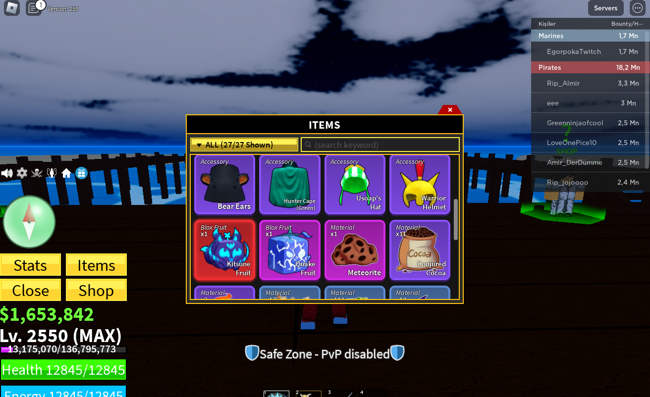 2550 Level 17K Fragments / Blox Fruits / Kitsune in Inventory / 1.6M PELI / UNVERIFIED MAIL / INSTANT DELIVER