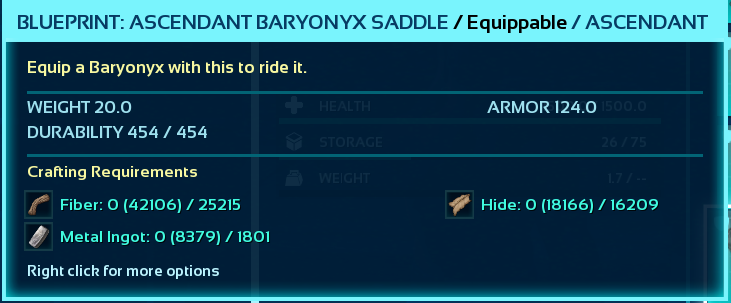 Blueprint:Ascendant Baryonyx Saddle Armor 124 -PC PVE official