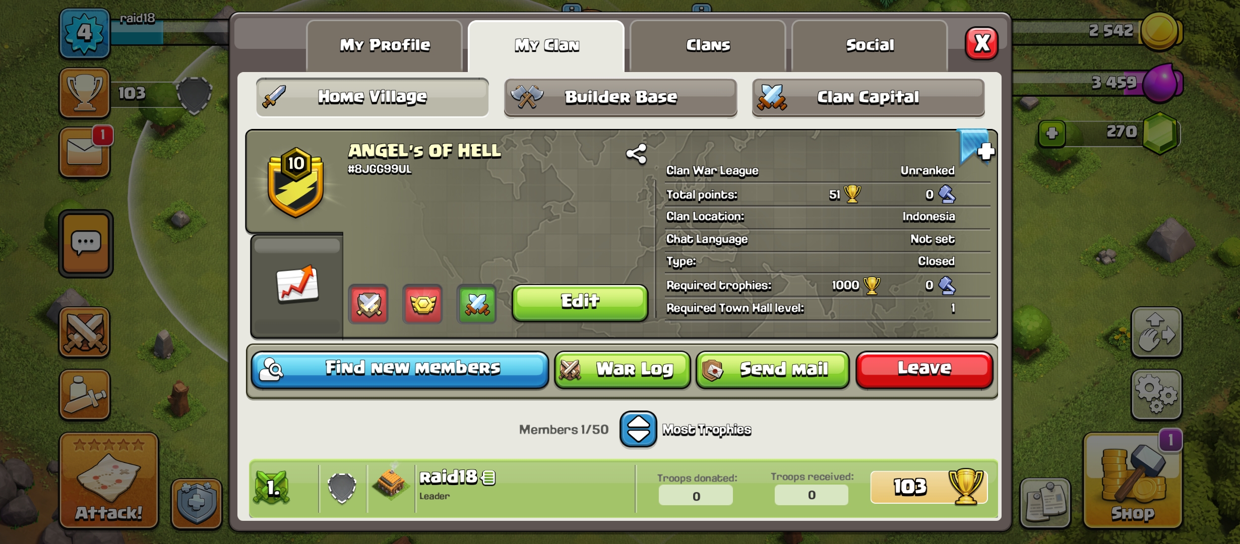 Clan level 10 | Clan Name : ANGEL' s OF HELL | Capital Hall 1 |unranked