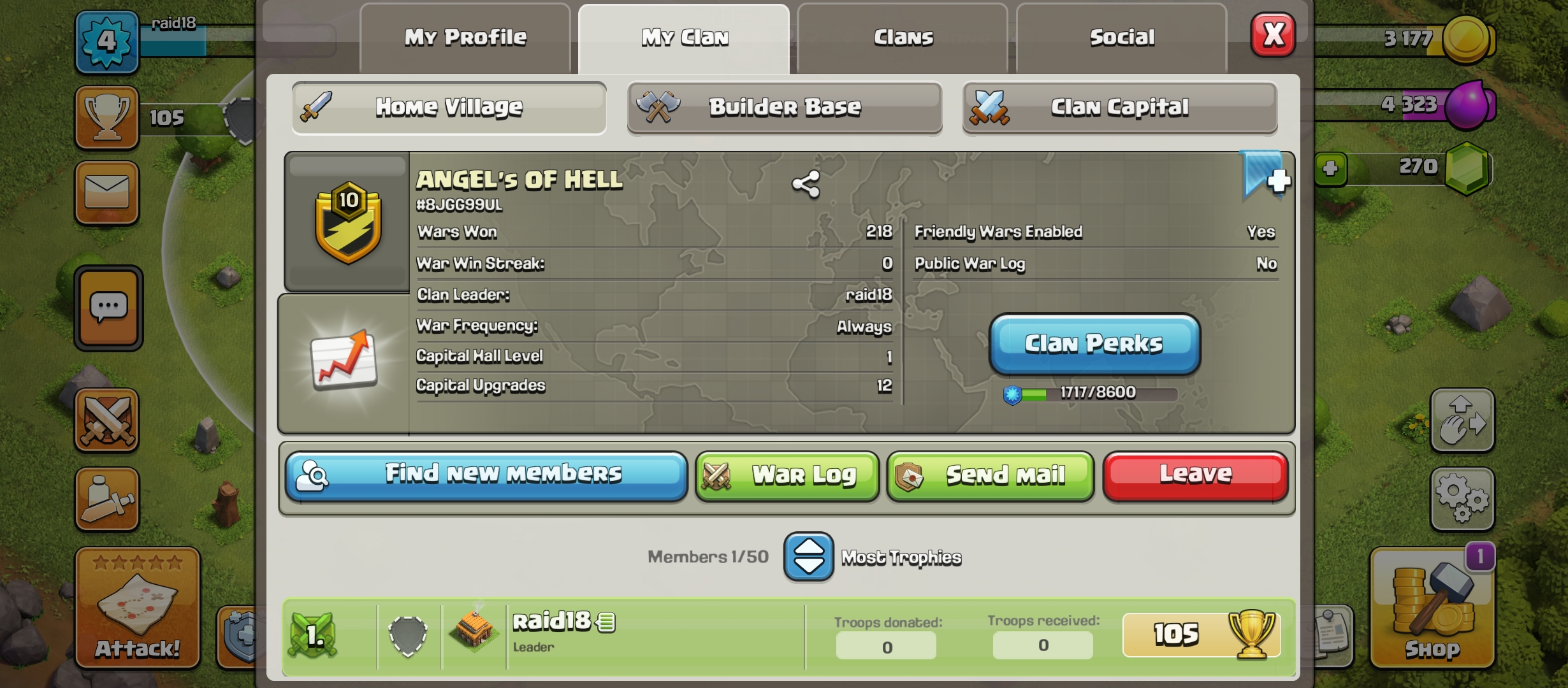 Clan level 10 | Clan Name : ANGEL' s OF HELL | Capital Hall 1 |unranked