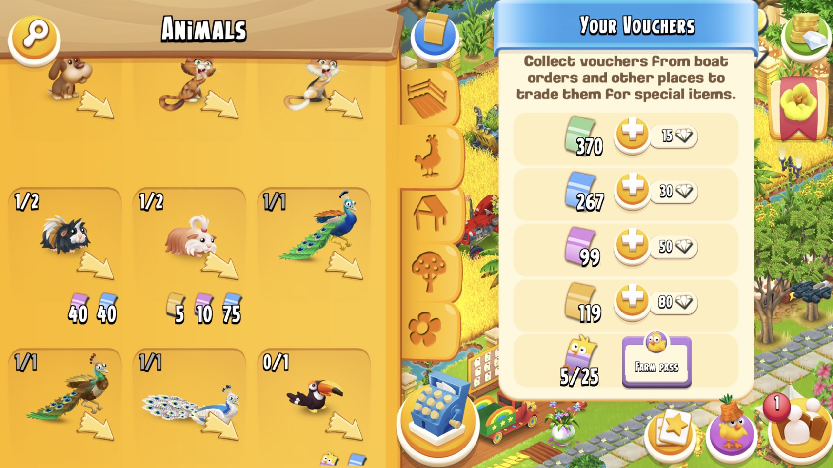 Level 92 good price, has Hayday lettering. Available 21m coins + 800 vouchers. Barn 5150+silo 2650. Level 16 town with lots of animals. 