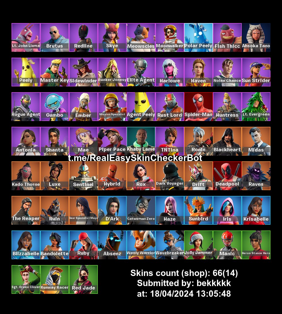 Full Access. Fortnite 66 skins . Elite agent . The Reaper . Redline . Drift  . Absenz . Take The L . Skye . Raven . Hybrid . LA14 - iGV