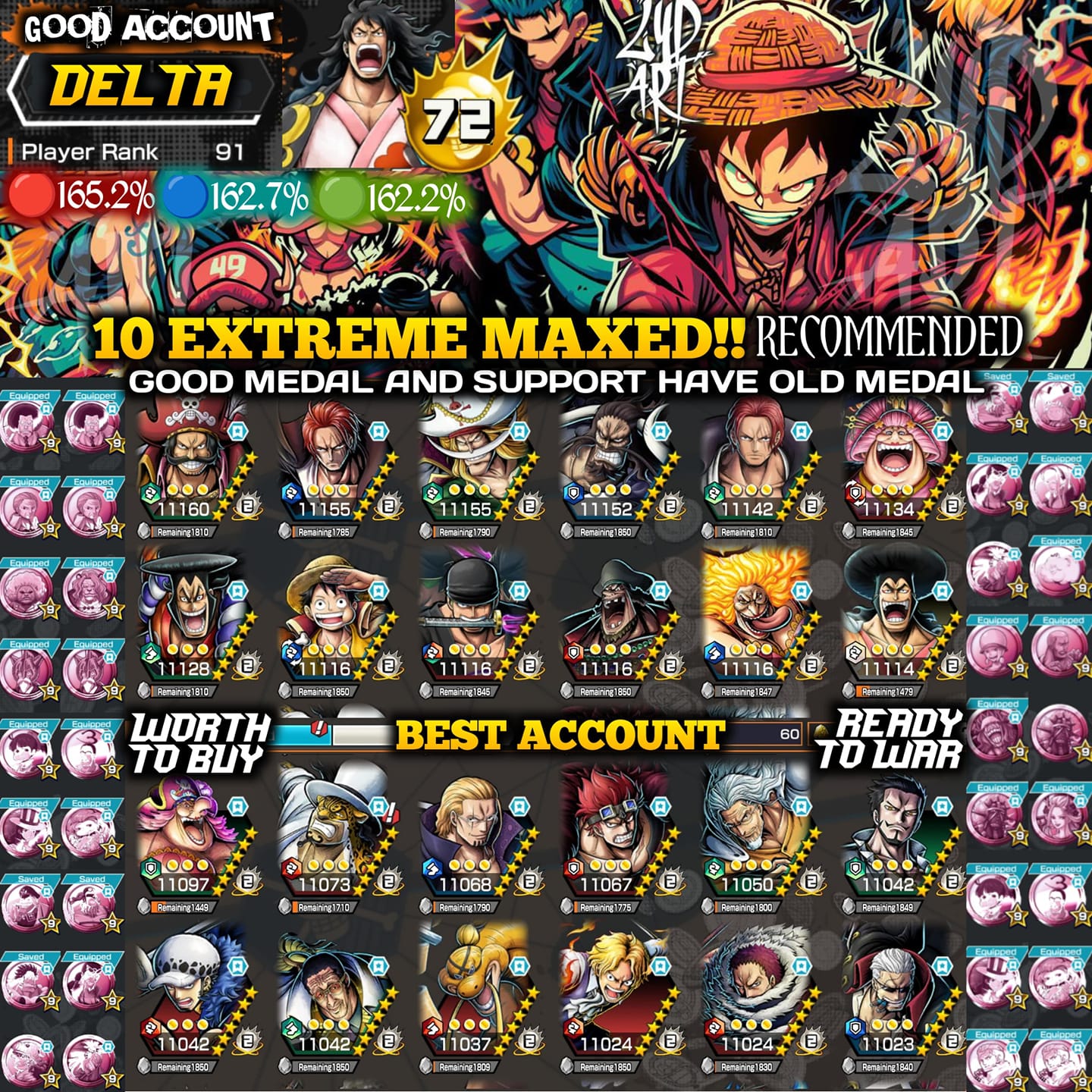 IOS+Android-HB 72-10 Ex Max(Roger+Shank Red+Big Mom+Luffy+Zoro+Kaido+Shank  Blue+Blackbeard+Oden+Big Mom)-many BF Max-Medal Good+old Lucy-SP 165% - iGV