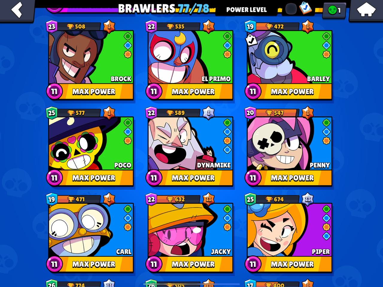 77 Brawlers | 34327 Trophies | 86 Skins | 33 Maxed | 2 brawl pass plus | thor  bibi skin! - iGV