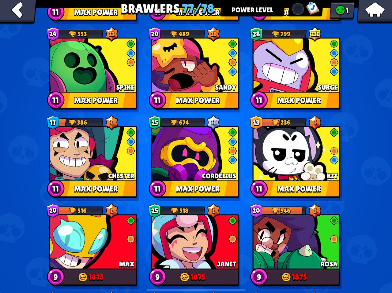 77 Brawlers | 34327 Trophies | 86 Skins | 33 Maxed | 2 brawl pass plus | thor  bibi skin! - iGV