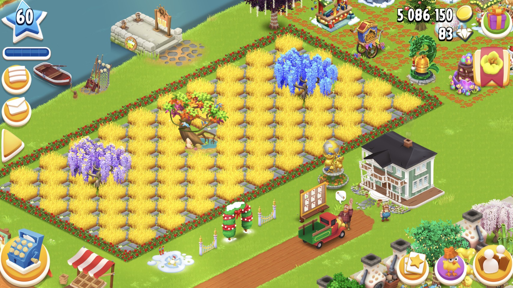 Level 60 barn 3350+silo 1400. Available 5m coins+600 vouchers+9 ticket. Lvl town 7. Has magic trees. Beautifull and good price. 