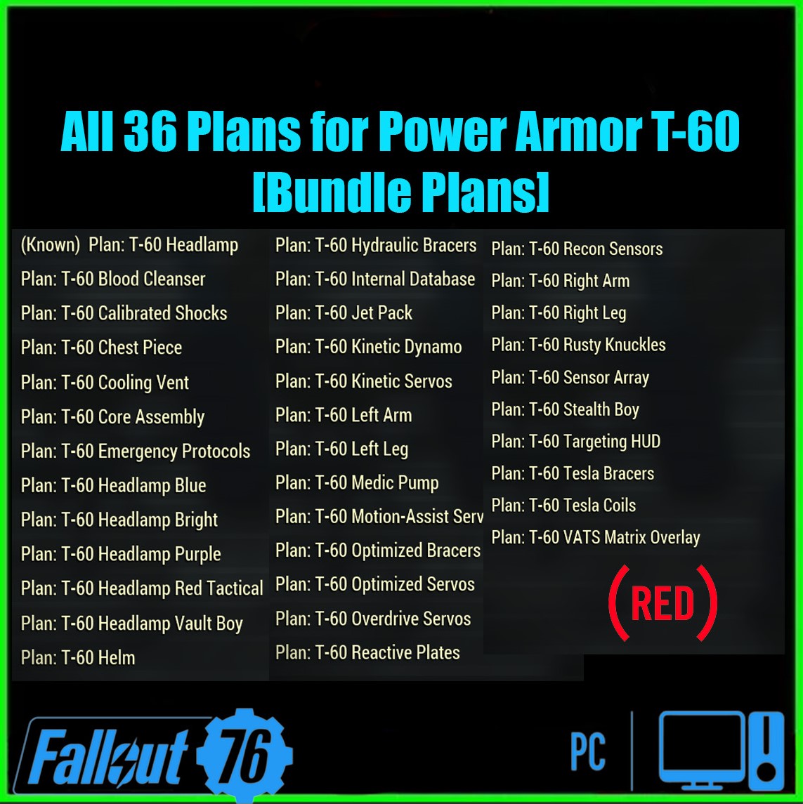 All 36 Plans for Power Armor T-60 [Bundle Plans]