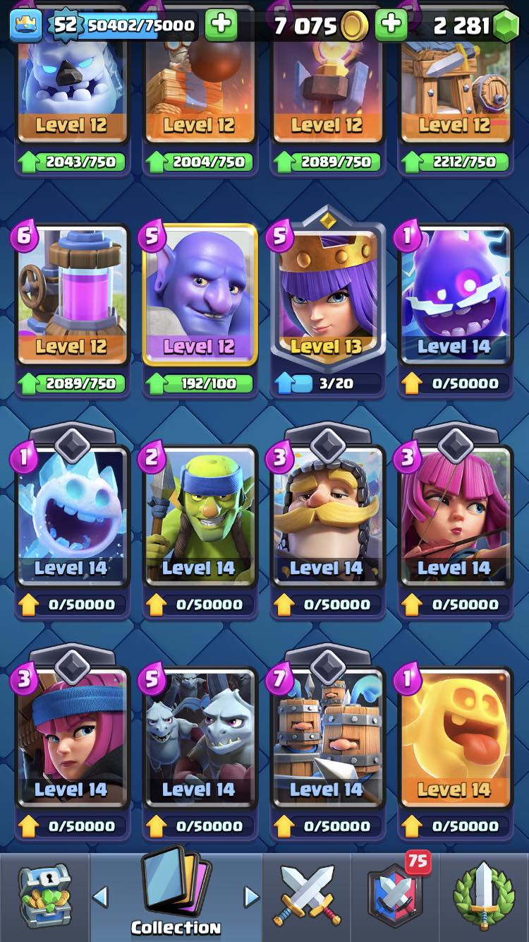KT-14, 52 XP, ( MAX CARDS 15 LVL ) FREE CHANGE NAME, 7536 TROPHIES, 2281 GEMS, 51 EMOTES, IOS-ANDROID, CHEAP