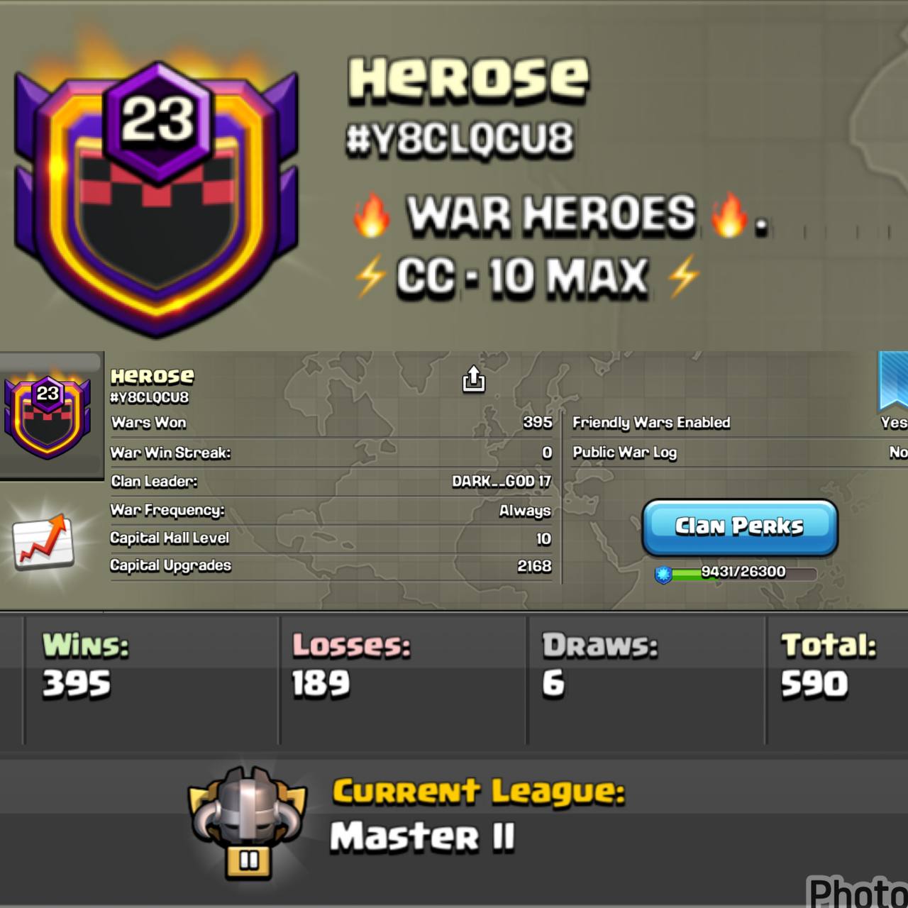 CC- 10 MAX | LEVEL - 23 | NAME - HEROSE l LEAGUE - MASTER 2 | ENGLISH NAME | WAR LOG - 395 : 189 | AMAZING NAME & LOG | INSTANT DELIVERY