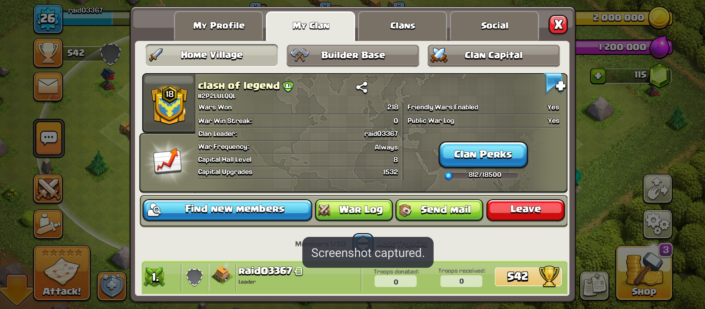  # CAPITAL HALL  8 ( upgradeable to CH 9 )# | Level 18 | Name : clash of legend | W 218 , 181  |  League : GOLD 2