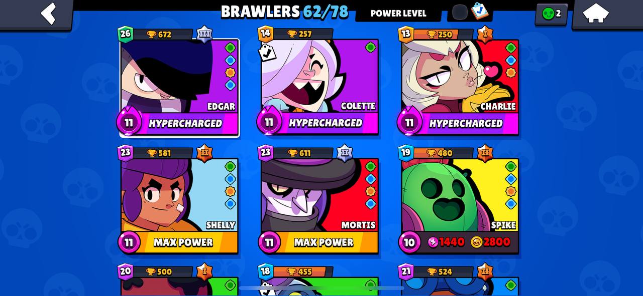 [code 89] 22.4k / 62 brawlers / 3 hypercharged / 36 skins / full access