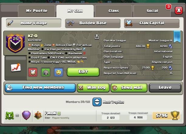 COC Clan LVL 25 CAPITALL HALL LVL 10 MASTER LEAGUE 3 ALL TROOPS MAXED POSITIVE WARLOG