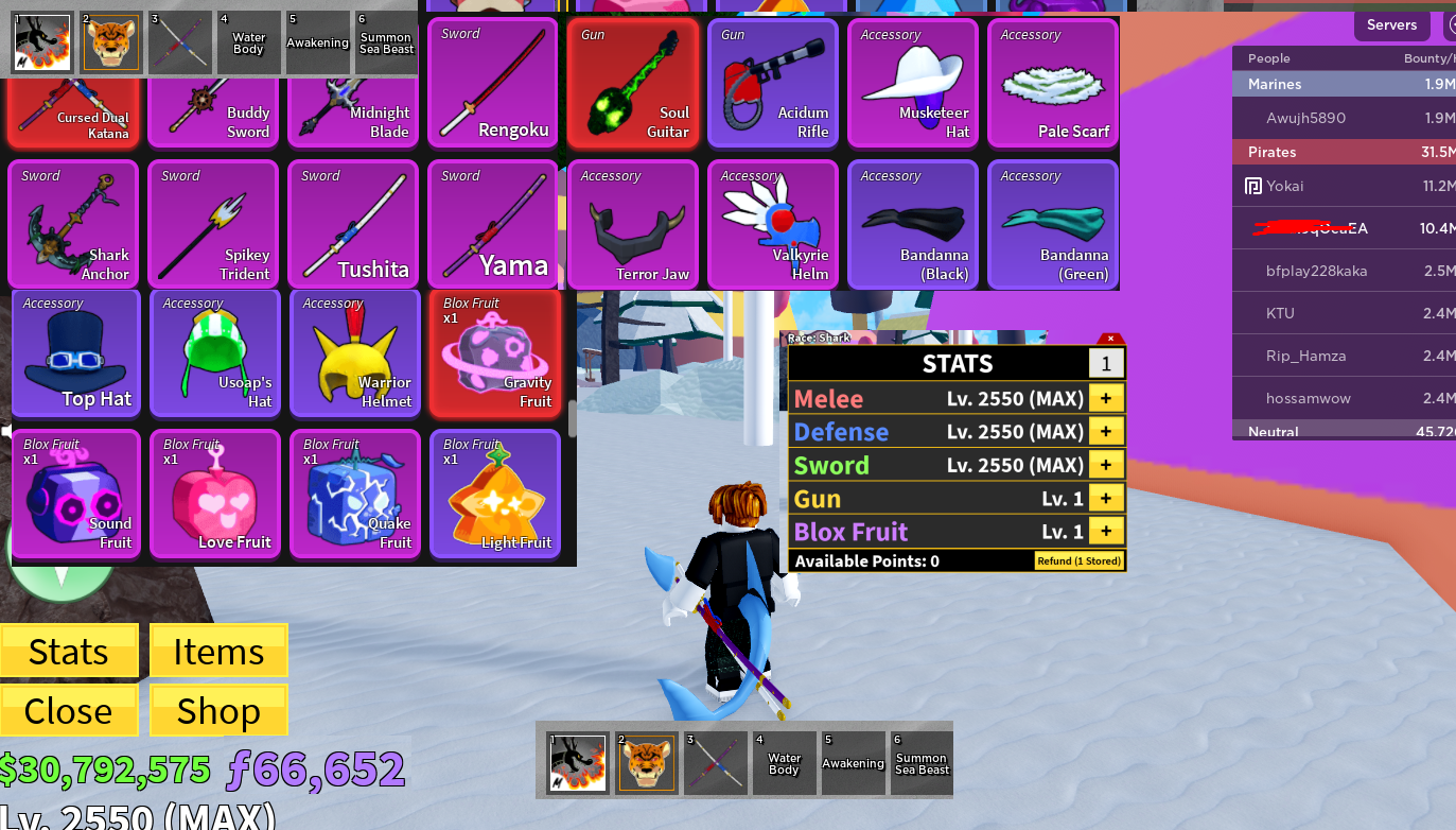 Blox fruits / 2550 Level / 10M BOUNTY / V4 SHARK FULL GEAR  / CDK-SG - Shark Anchor / 30M BELI / 66K FRAGMENTS / UNVERIFIED / FAST DELIVERY